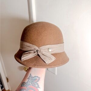 Goorin Bros Brown Cloche Hat with Polka Dot Ribbon